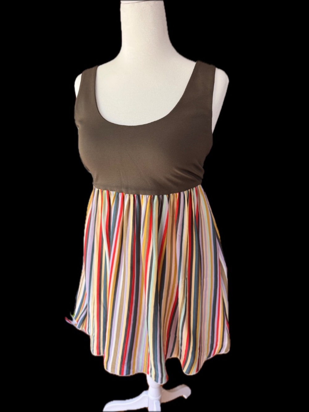 Alice + Olivia Colorful Stripe Silk Skirt Dress | Brown Bodice | Size M